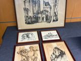 trois dessins encadrés représentant un château, exposés dans un musée
