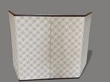 an image of a white and brown curtain with a pattern on it