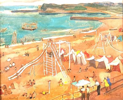 a painting of a beach scene with people on the sand
