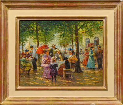 painting of a group of people sitting around a table in a park