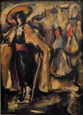 une peinture à l'huile représentant une femme avec une ombrelle et un homme avec une canne