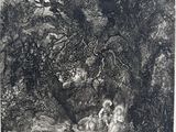 an old black and white drawing of a man and a woman in a wooded area