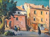 un tableau représentant des personnes marchant dans une rue d'une ville