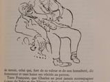 an old book with a drawing of a man sitting on a chair
