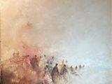 an oil painting of a group of people riding horses through a field