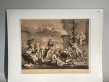 un dessin en noir et blanc représentant un groupe de personnes dans un champ