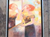 un tableau représentant une femme en train de se brosser les dents devant un miroir