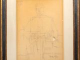un dessin représentant un homme assis sur une chaise à une table