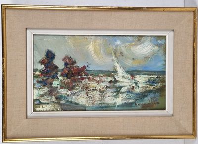 painting of a sailboat on the water with a sailboat in the background