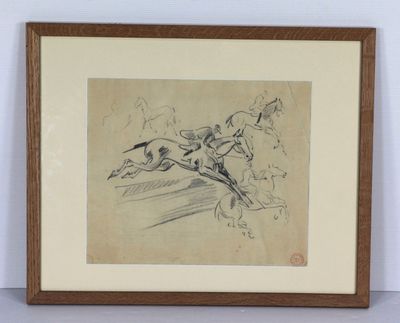 dessin représentant un homme à cheval sautant par-dessus une haie