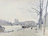 painting of a view of a river with boats on it and a city in the background