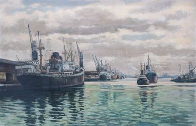 une peinture d'un port avec des bateaux dans l'eau