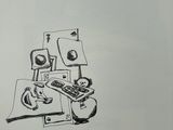 a drawing of a man sitting at a desk with a keyboard