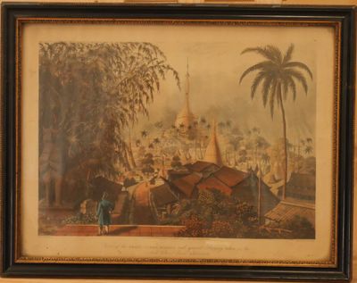tableau encadré représentant une scène de village avec un homme et un cheval