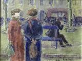 un tableau représentant deux femmes assises sur un banc dans un parc