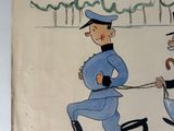 a drawing of a man pulling a dog on a leash