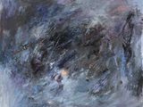 une peinture abstraite représentant un paysage bleu et gris sur fond de ciel