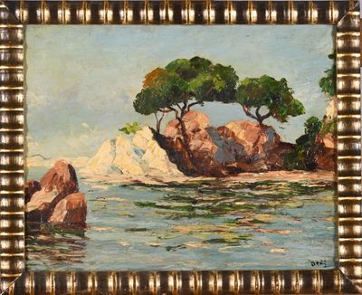 une peinture représentant des rochers et des arbres dans l'eau, avec une montagne en arrière-plan