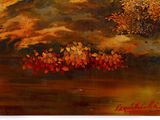an oil painting of a landscape with trees and a river