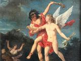 une image représentant un tableau où l'on voit deux anges jouant avec un Cupidon