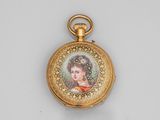une image représentant une montre de poche plaquée or orné d'un portrait de femme