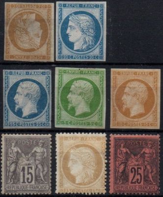 six different stamps of different colors and sizes on a black surface