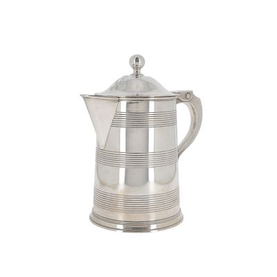 a silver coffee pot with a lid on a white background