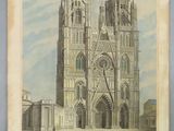an old drawing of a cathedral with a man on a horse in front of it