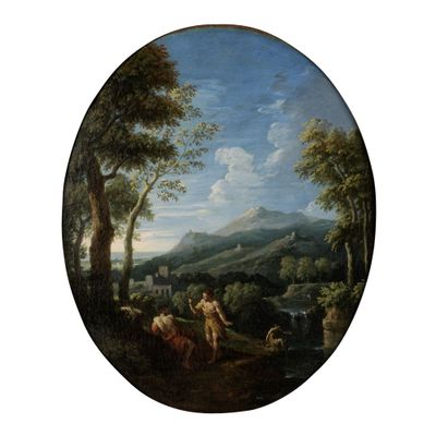 une image représentant un tableau où figurent un homme et une femme dans un paysage boisé