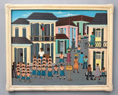 peinture d'un groupe de personnes marchant dans une rue devant un bâtiment