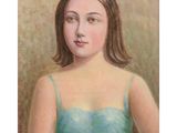 une peinture à l'huile représentant une femme en robe bleue posant pour une photo