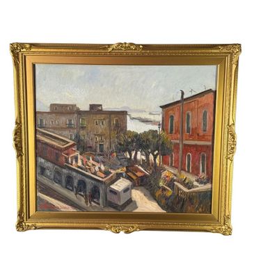une peinture à l'huile représentant une scène urbaine avec un train sur les rails
