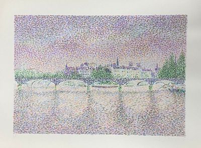 tableau représentant un pont enjambant un plan d'eau, avec un bâtiment en arrière-plan
