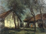 an image of a painting of a house and trees in a field