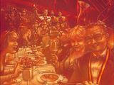painting of a group of people sitting at a dinner table