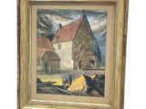 an oil painting of a farm scene with a barn and sheep