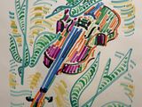 painting of a violin with a colorful bow on a white background