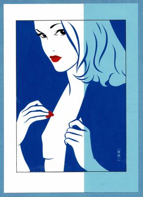 une illustration représentant une femme tenant un objet rouge devant un fond bleu