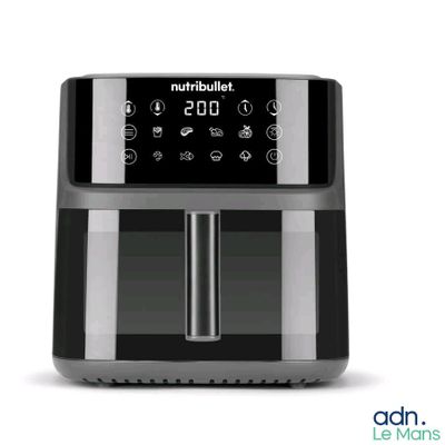 an image of a black and silver air fryer on a white background