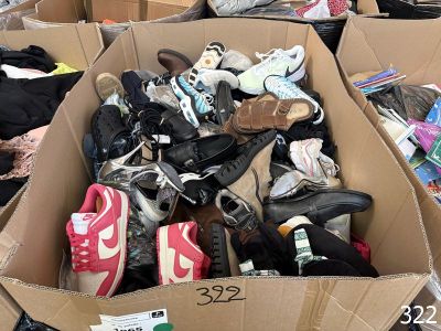 une boîte en carton remplie de chaussures et d'autres objets