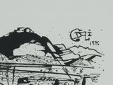 a black and white drawing of a building with a cat on it