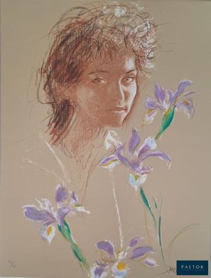 painting of a woman with purple flowers in front of her face