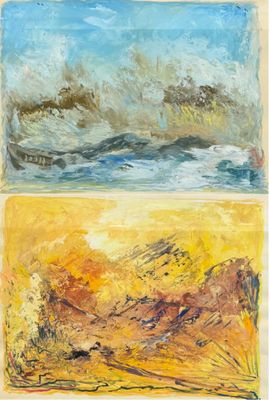 un tableau représentant trois paysages différents sur fond de ciel