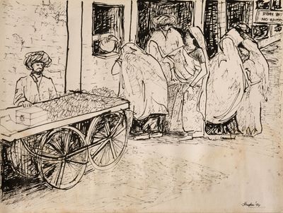 drawing of a group of people standing in front of a building