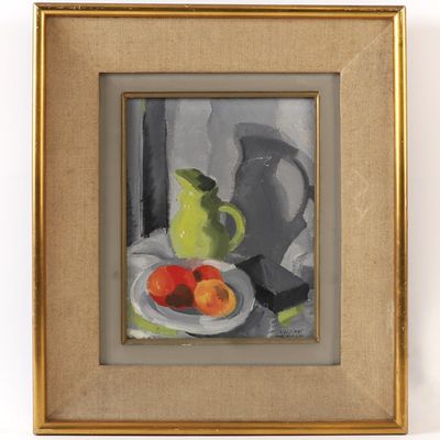 reproduction d'un tableau représentant une cruche verte et deux pêches sur une assiette