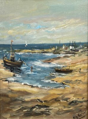 Max FOURNIER (Né en 1929). Paysage aux barques