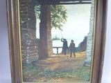painting of a man and a woman standing under a bridge