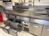 a large stainless steel kitchen with a lot of drawers