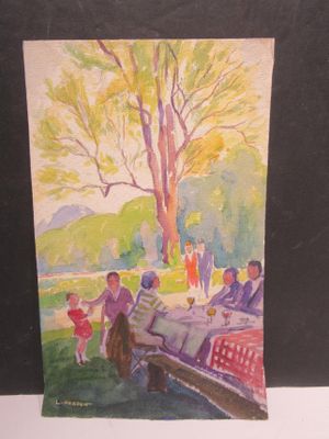 peinture d'un groupe de personnes assises sur un banc dans un parc