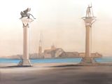 un tableau représentant deux statues devant un plan d'eau